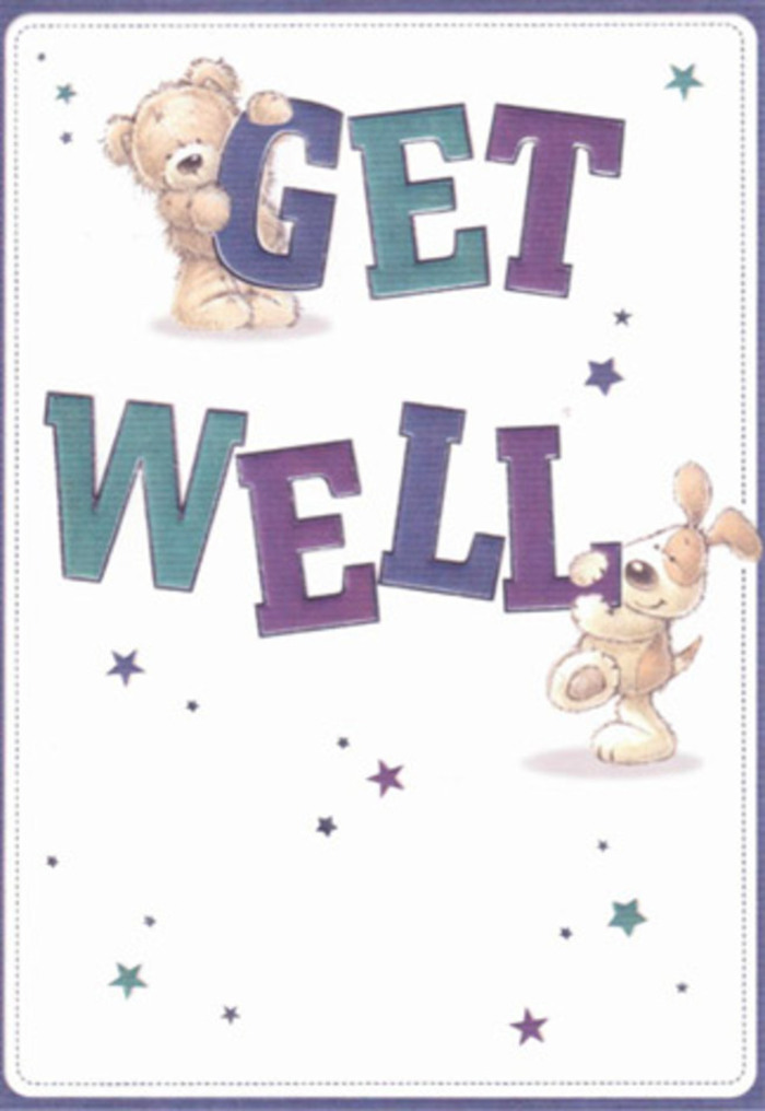 In this charming depiction, a whimsical bear and a floppy-eared puppy collaborate to send heartfelt get well wishes, their carefree pose echoing the lighthearted energy found strolling along Reigate's Church Street. Playful stars gather around the duo, sprinkled in lustrous aquas and indigos, as if casting blessings throughout the card like petals on a breeze. Large, confident letters in bold shades of purple and teal lie beneath their paws, anchoring the message and drawing the eye into a vibrant celebration of recovery. The illustrated fur of the bear and the puppy appears downy and inviting; one can almost feel the softness, adding a tactile layer to the visual comfort on display. The clean cream background sets off each element, echoing the freshness of a hand-gathered bouquet arranged by local florists. As with every arrangement crafted at Flowers Reigate, this card embodies hope and nurturing care, offering an embrace in paper form-a thoughtful companion alongside a delivery to a doorstep near Reigate Heath.