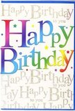 A cheerful birthday card is shown in full view, its design alive with colour and gentle sparkle, reminiscent of a relaxed birthday afternoon around Reigate's Priory Park. Across the front, in big, easy-to-read letters, the words Happy Birthday sweep gracefully from left to right. Each letter is individually coloured, creating a luminous rainbow that begins with deep strawberry reds and rose pinks, flows into bright oranges and soft golden yellows, then shifts into lively greens, teal and turquoise, moving on to rich royal blues and finishing in deep purple. The transitions between colours are smooth and painterly, so the lettering feels soft and welcoming rather than sharp or mechanical. Set behind and around this main phrase, fine lines of handwritten script repeat Happy Birthday to you in a delicate golden ink. The script forms a gentle pattern, looping and curving in the background like a whispered song of good wishes. The gold catches the light subtly, glinting here and there as if lit by candles on a birthday cake. The background of the card is a creamy, slightly warm white that showcases both the bright colours and the shimmering script without overwhelming the eye. Tiny, scattered flecks and star-like dots in complementary colours cluster around the central words, giving the impression of confetti mid-splash at a party in a Reigate home or along a table decorated with flowers from Flowers Reigate. The card's finish appears sleek and satiny, suggesting a smooth touch with the faintest raised texture where the gold ink lies. The overall feeling is one of uncomplicated happiness and affectionate celebration, ideal to accompany a hand-tied birthday bouquet delivered to friends or family across RH2.